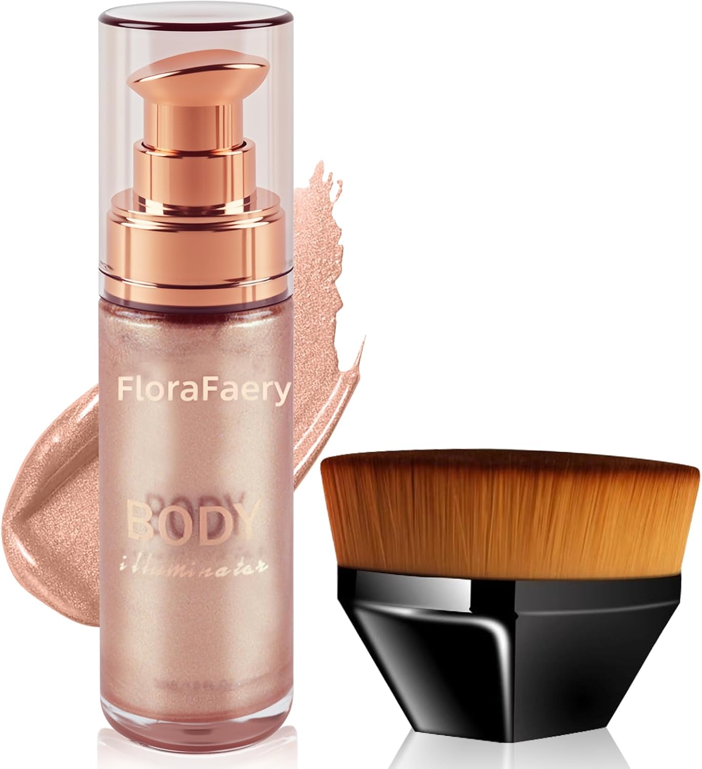 Face & Body Shimmer Oil, Glow Liquid Highlighter Spray, Waterproof Non-Sticky Luminizer, Moisturizing Body Glitter Oil, Lightweight Shimmering Skin Highlighter with Makeup Brush (Champagne Gold)