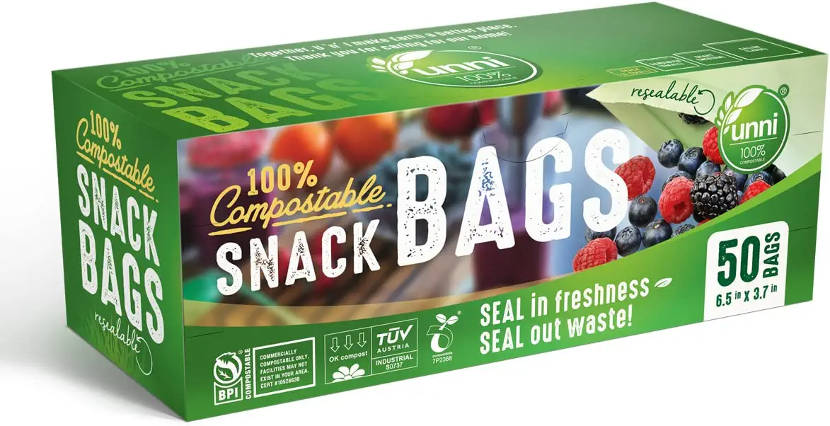 UNNI 100% Compostable Snack Bags, Resealable Compostable Food Storage Bags, 50 Count, 6.5 x 3.7 inches, Earth Friendly Highest ASTM D6400, US BPI and Europe OK Compost Certified, San Francisco
