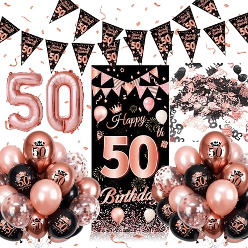 50 Geburtstag Deko Frauen Deko 50 Geburtstag 50. Geburtstag Luftballons Frauen Schwarz Rosegold mit 50 Langem Banner Konfetti Folienballons Luftballons Dekorationen zum 50. Geburtstagsparty