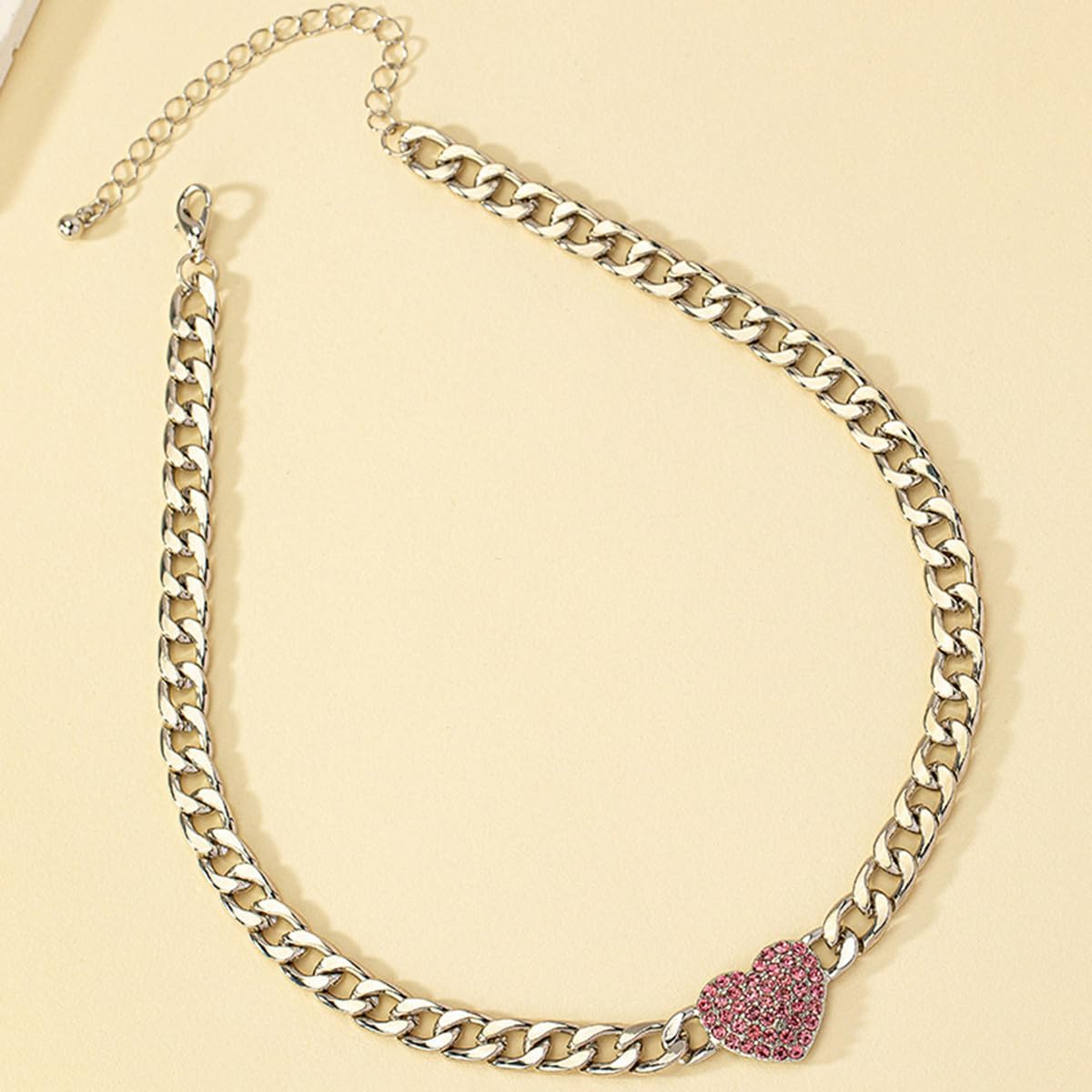 Rhinestone Heart Necklace for Women Chunky Cuban Link Chain Heart Pendant Choker Necklace Sweet Trendy Statement Party Jewelry - Image 4