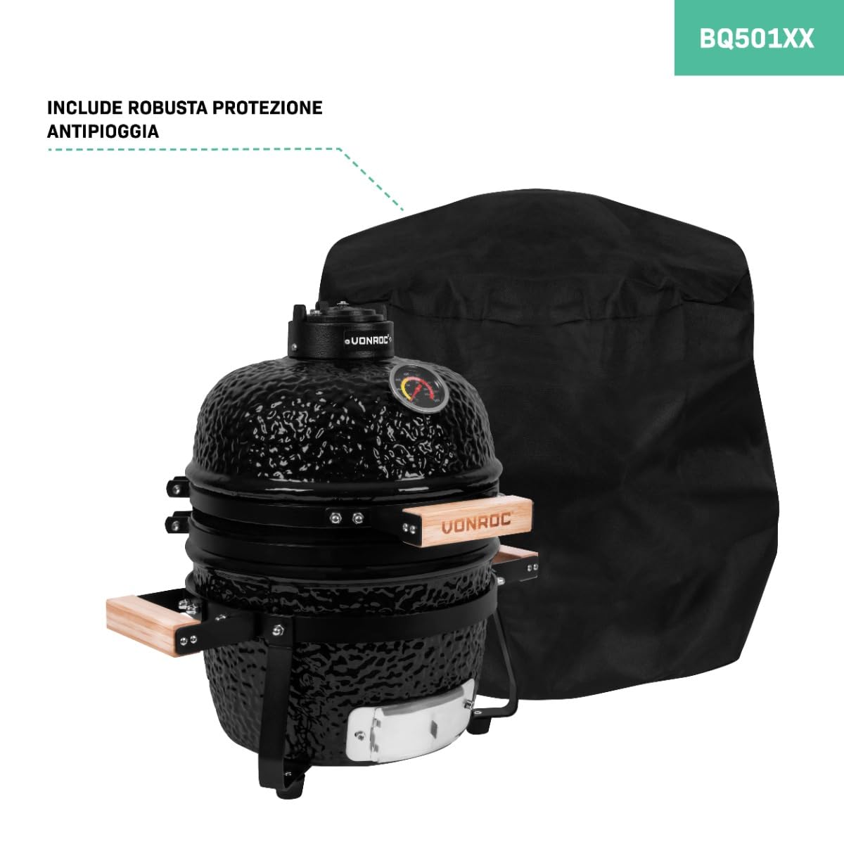 VONROC Kamado Barbecue a carbonella kamado 13 pollici. Ø27cm superficie di cottura. Con base e copertura antipoggia. In ceramica