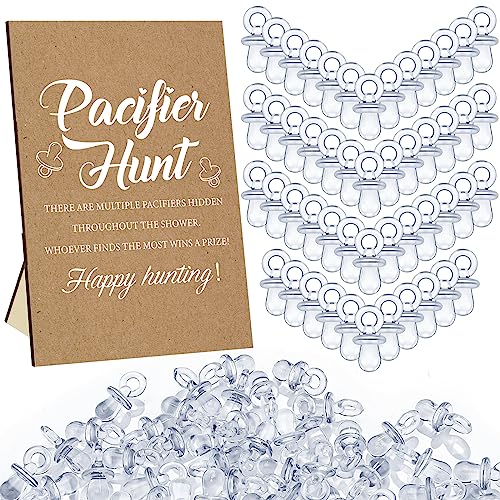 Thyle 51 Pcs Pacifier Hunt Baby Shower Games Include Hunt Sign and 50 Acrylic Pacifiers for Baby Shower Game Decoration Gift Sets Gender Reveal Party Decor(Kraft)