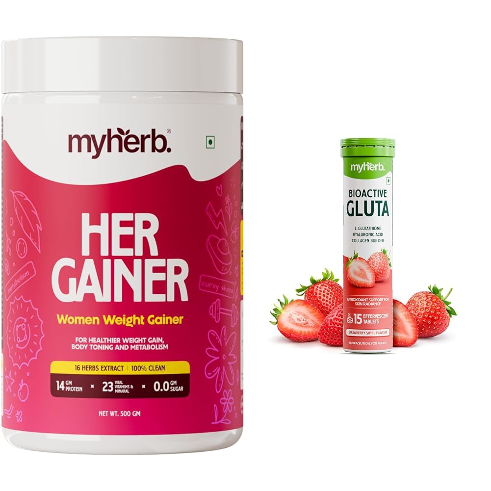 MYHERB Women's Weight Gainer,Her Gainer With 16 Herbs & Aguaje Fruit,3 High  Qaulity Protien,For We | MYHERB Bioactive Glutathione Tablets For  Radiant,Glowing Skin
