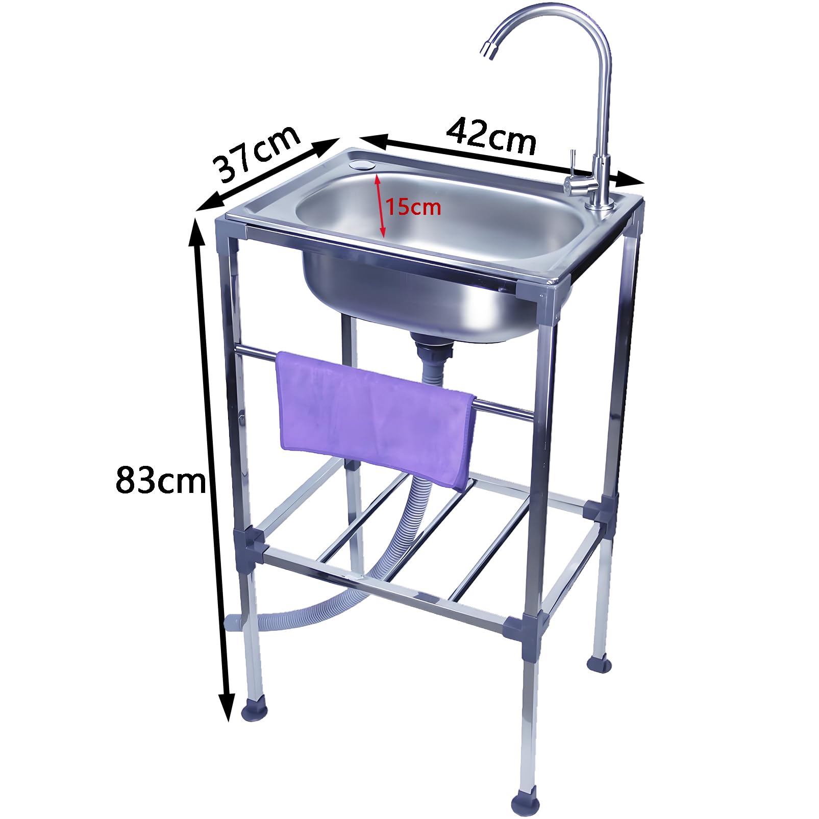 Zlewozmywak ze stali nierdzewnej z pojedynczym kranem zimnej wody, wolnostojący zlewozmywak kuchenny z zestawem odpływowym i uchwytem na ręczniki, nadaje się do restauracji, garażu, na kemping, do