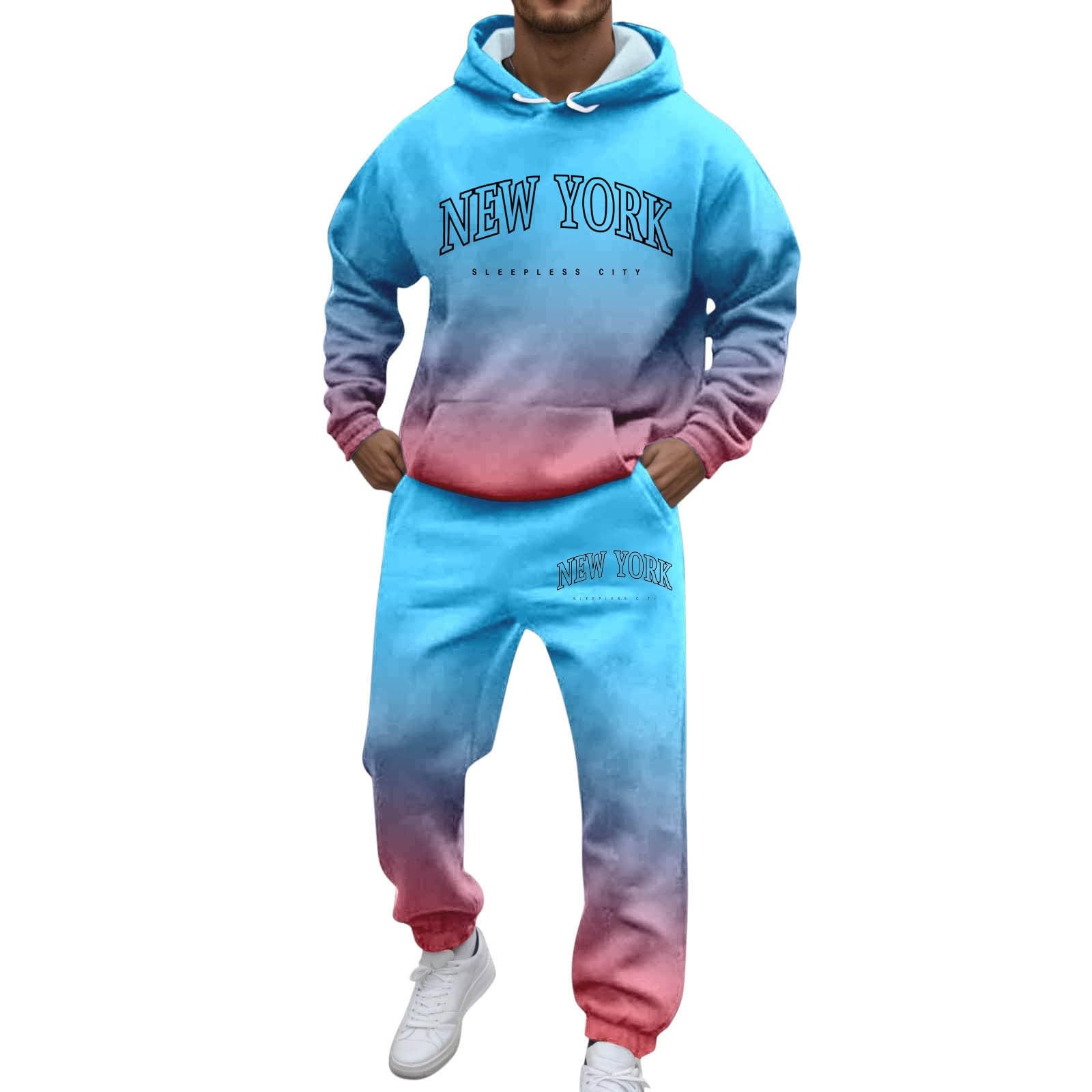 Generisch Męski dres do biegania, zestaw New York z logo, gradientowy dres treningowy bluza z kapturem i spodnie do biegania, dwuczęściowy strój sportowy z kieszeniami, wygodny zestaw do joggingu