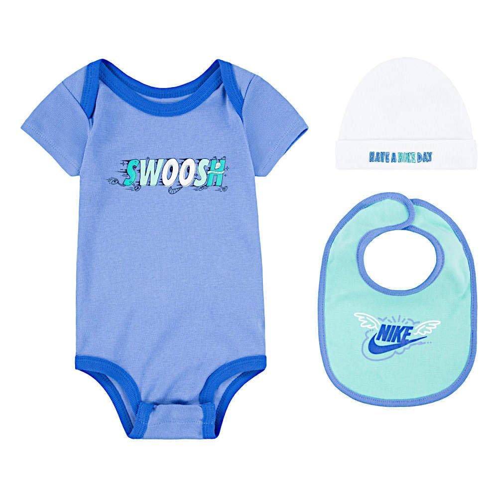 NIKE Swoosh Baby Set, Black, 3 Piece Bodysuit with Beanie and Bib, 0-6 Months