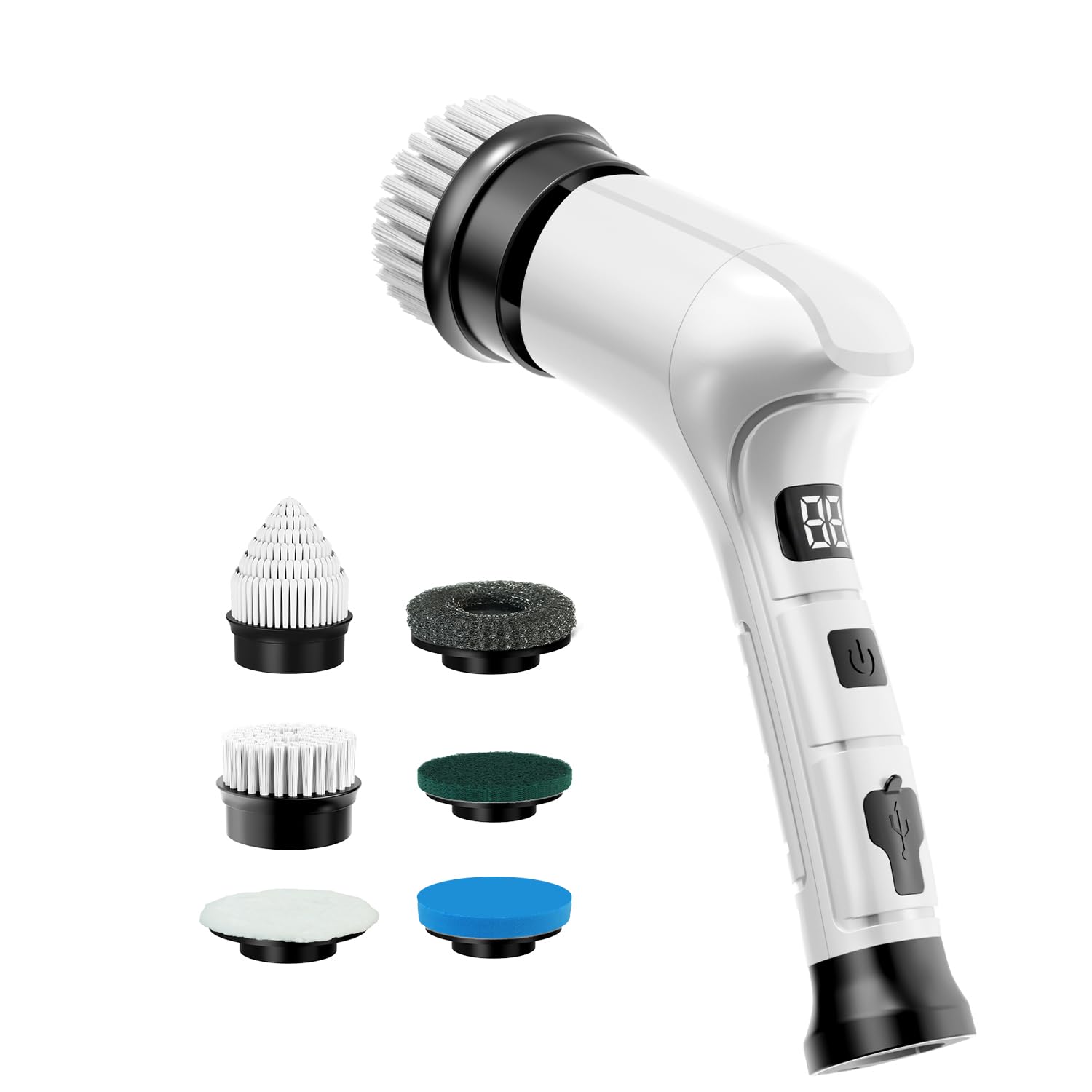 Brosse de nettoyage électrique sans fil blanche avec écran LED et 6 têtes