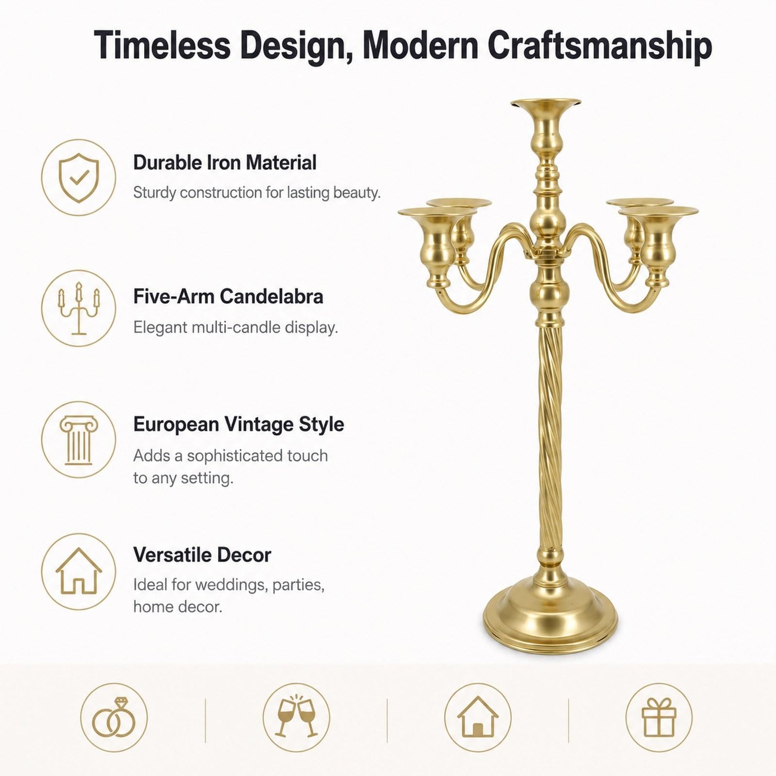Candelabro de Pie, Candelabro de 5 Brazos, Adorno de Candelabro para Hotel, 14.5 Cm X 53 Cm