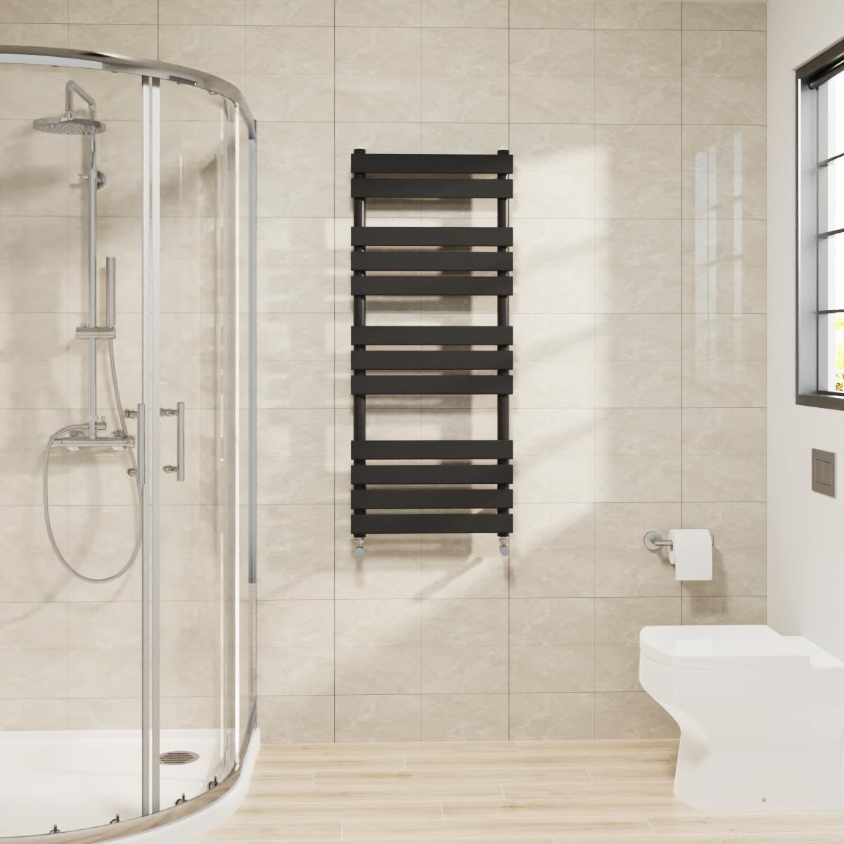 Warmehaus Black Flat Panel Heated Towel Rail Bathroom Ladder Radiator Warmer 1200X500mm