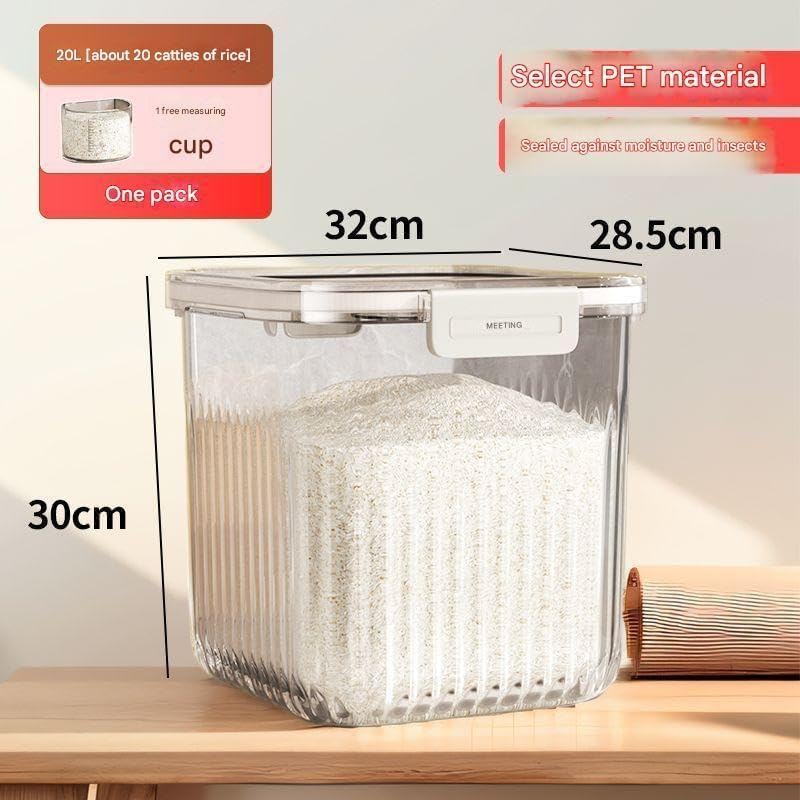 Image of Airtight Rice Storage Container with Measuring Cup, 10kg Large Grain Bin, BPA-Free Clear Food Storage Container for Rice, Flour, Cereal & Pulses, Moisture-Proof Flip Lid Pantry Organizer