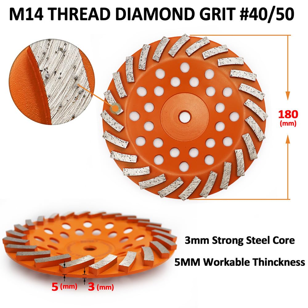 2 piezas de 7 pulgadas de diamante Turbo Row Grinding Cup Wheel 180 mm Disco de pulido para hormigón, mampostería, material de construcción, 2 piezas de 7 pulgadas, 1