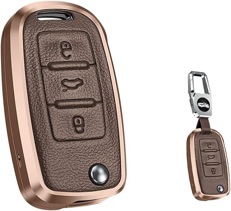 SANRILY 1pcs Keyless Key Fob Cover for VW Tiguan Jetta MK1-MK6 Passat Golf GTI Beetle Full Protection Metal Leather Key Case Shell with Key Chain Blue