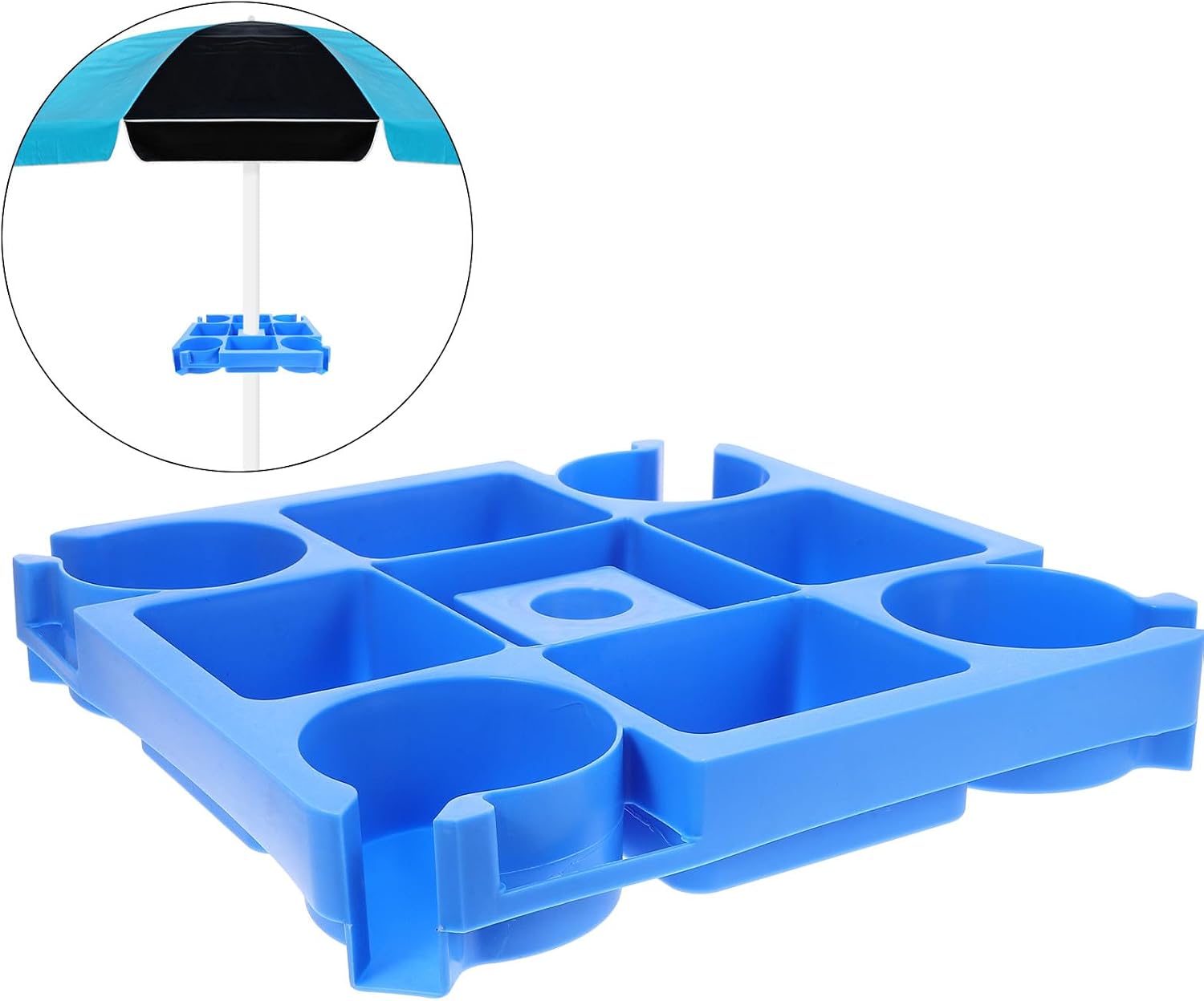 SEWACC Portable Beach Umbrella Table Tray with Drink Holders and Snack Compartments for Outdoor Patio and Poolside Use, 33x33x5cm Sand Cup Holder and Phone Slots