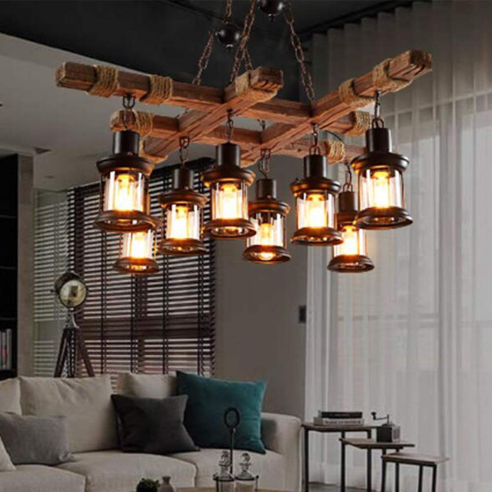 Lampara De Araña Vintage Lámpara Colgante Retro Industrial 8 Cabezas Luces Candelabro De Metal Madera Rústica Comedor Sala De Estar Dormitorio Cocina Iluminación De Techo Diseño Nostalgia