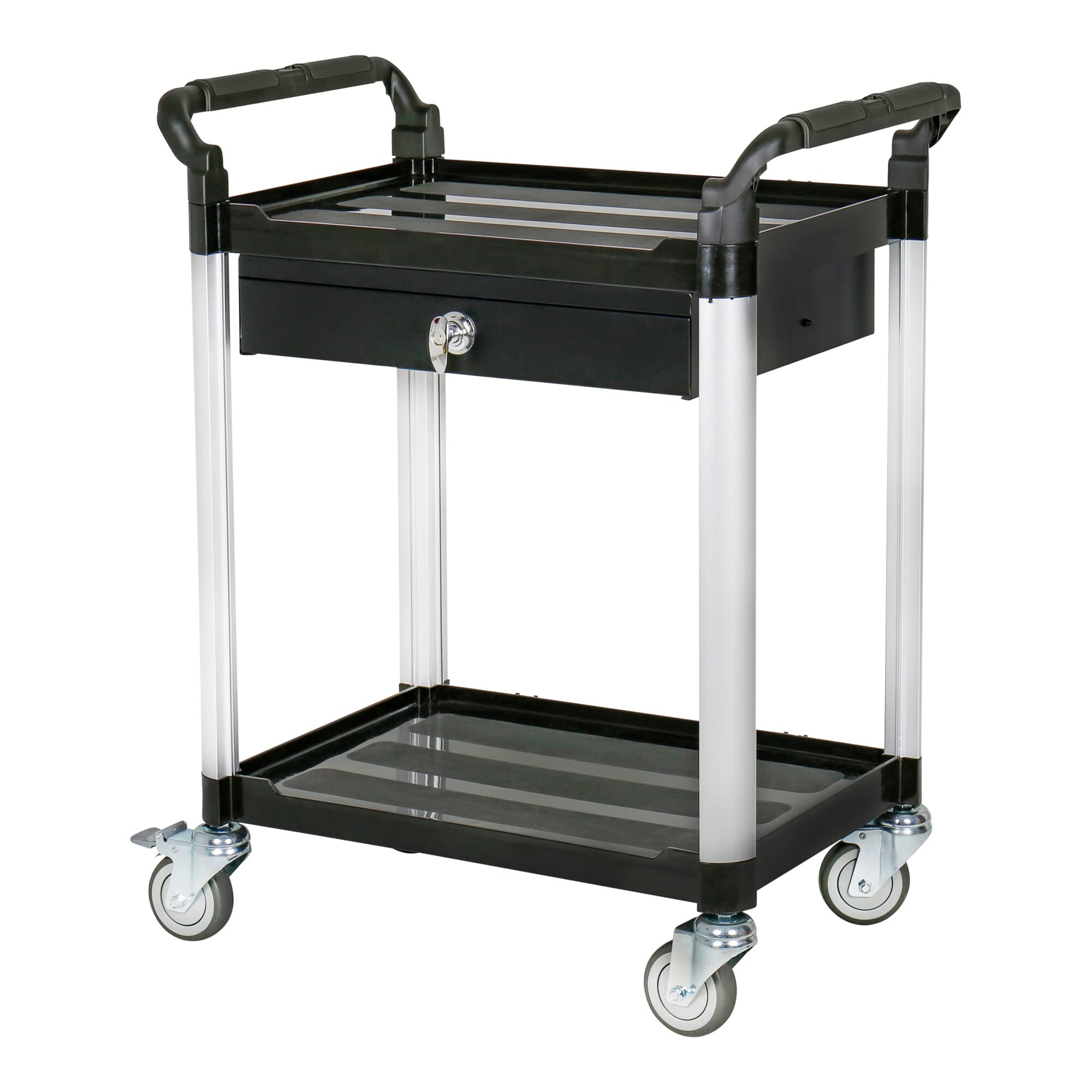 STIER Servierwagen, mit 2 Etagen und Schublade, LxBxH 750x460x980 mm, Tragfähigkeit 150 kg, 4 Lenkrollen, 2 Davon feststellbar, Etagenwagen, Schiebewagen, schwarz