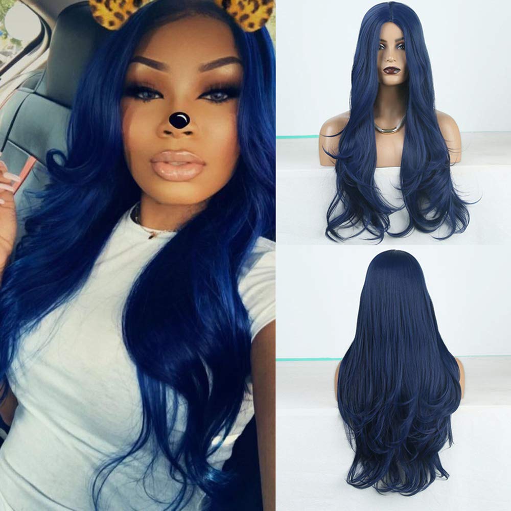 RDY Blue Wigs Natural Wave Synthetic Wig for Women Machine Made Hair Replacement Wig with Heat Friendly Fiber Cosplay Wig Middle Part 150% Density Long Body Wavy Wig for Daily Makeup Party Wear 24"