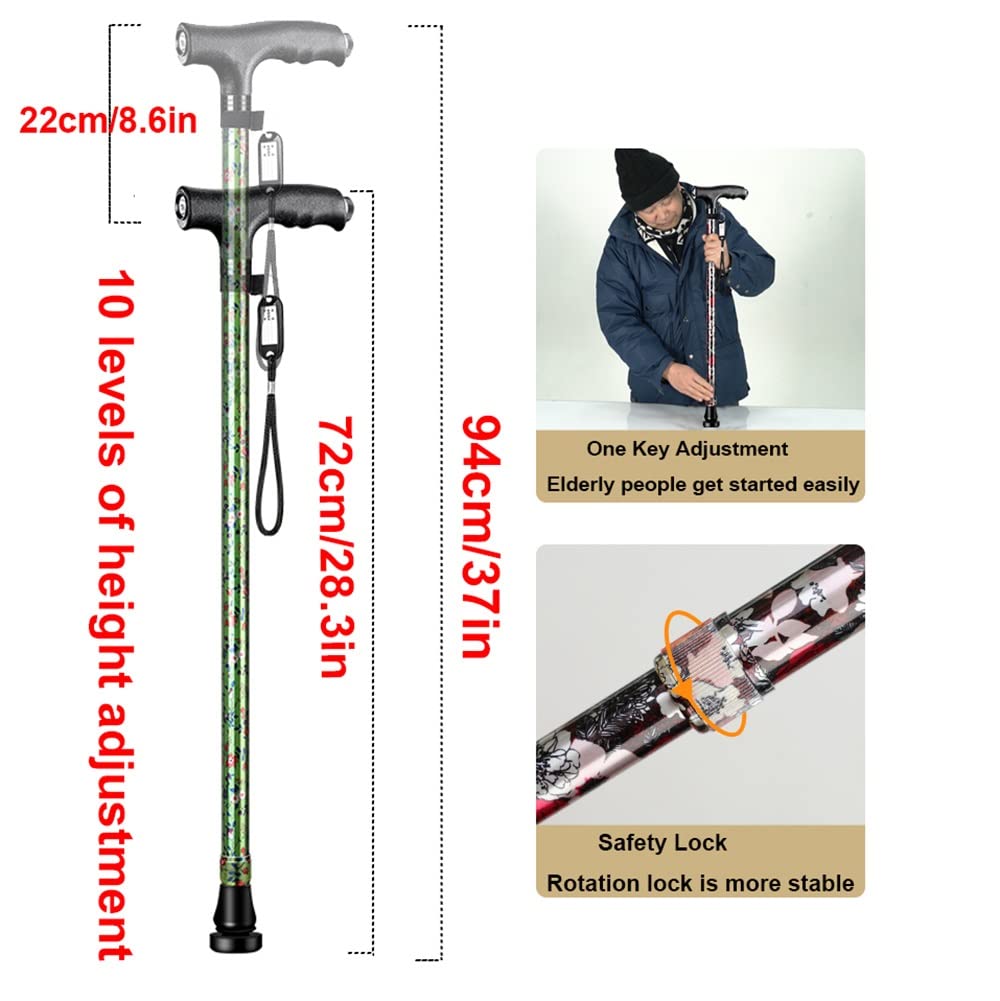 Laska do chodzenia z oświetleniem LED, 10 poziomów regulacji wysokości, kule przedramienia, ergonomiczne uchwyty, wygodny uchwyt i odporność na zużycie, z wytrzymałymi antypoślizgowymi gumowymi