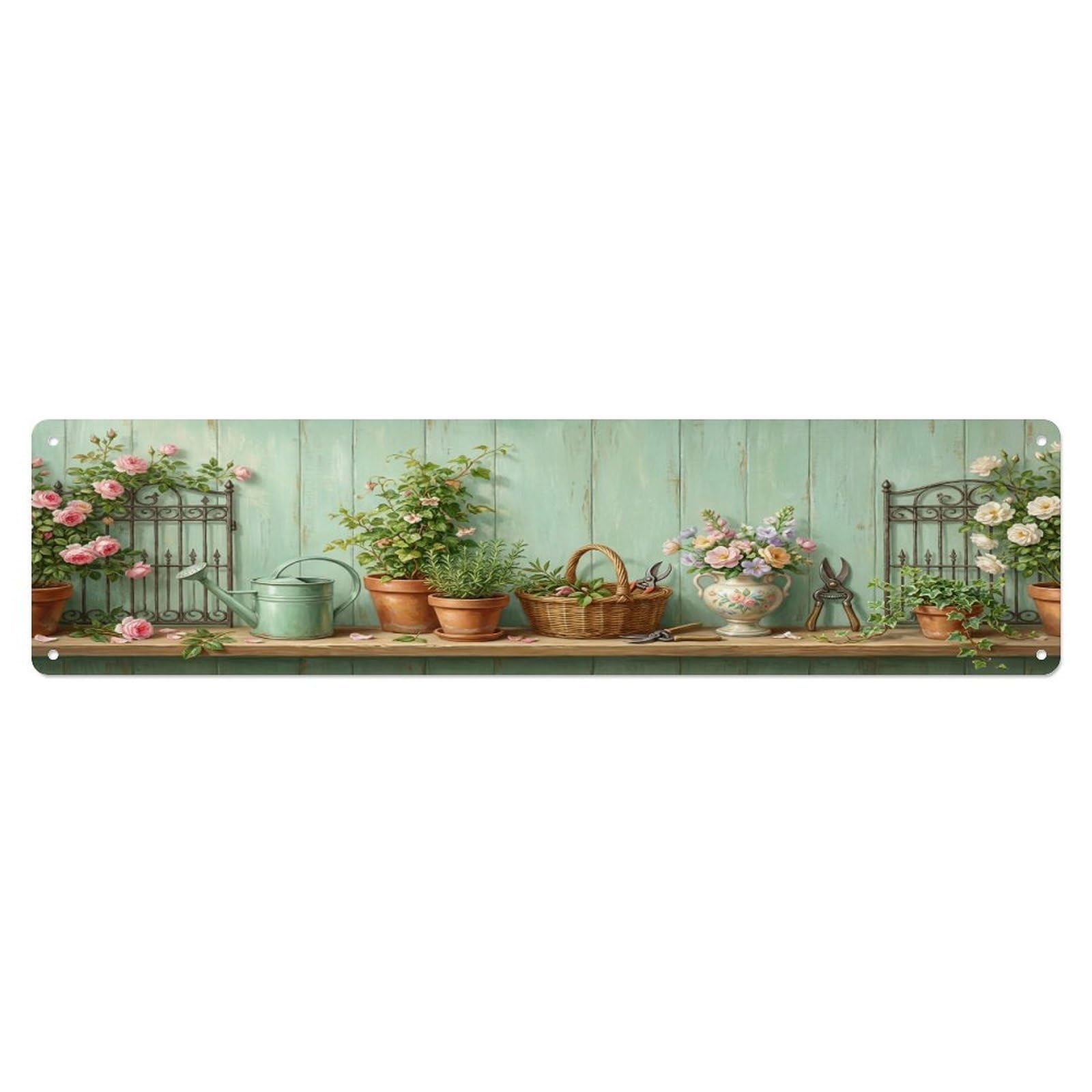 Floral Garden Tools Garden Gate Pattern Print Metal Tin Sign