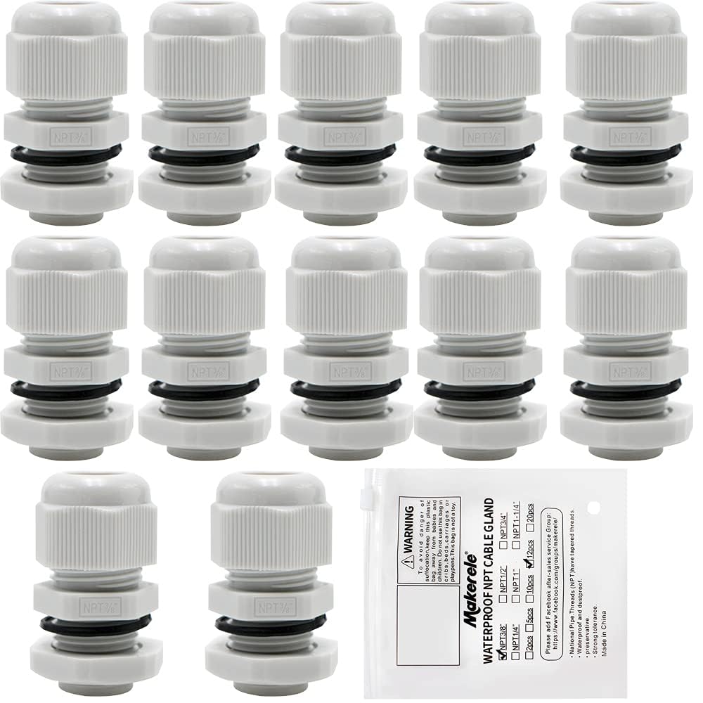 MAKERELE NPT 3/8 Zoll graue Nylon-Kabelverschraubungen, IP68 wasserdicht Zugentlastungskabelverbinder