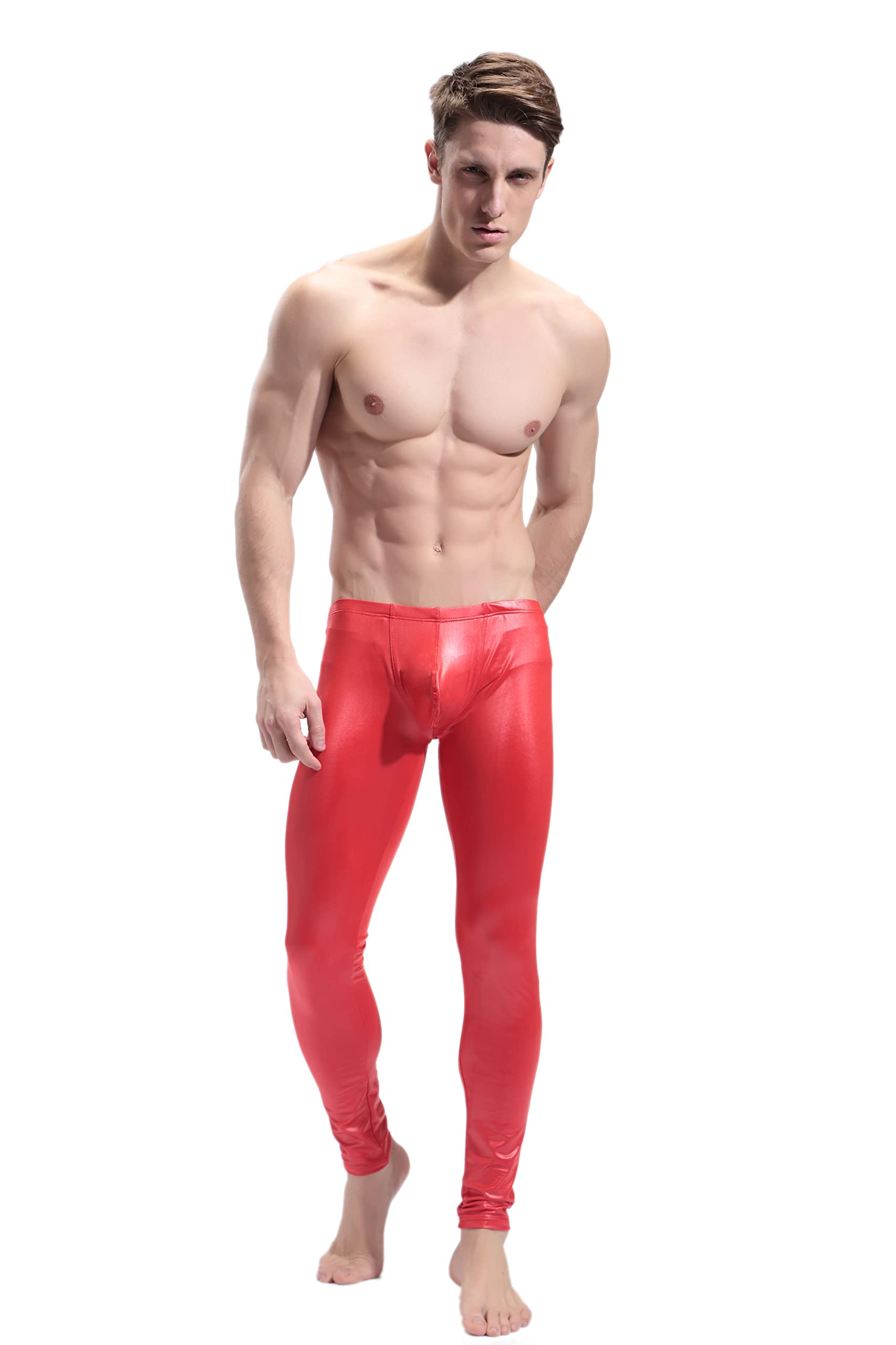 BaronHong - Pantalones Ajustados de Piel sintética para Hombre, Mallas metálicas para Club Nocturno, Pantalones Largos
