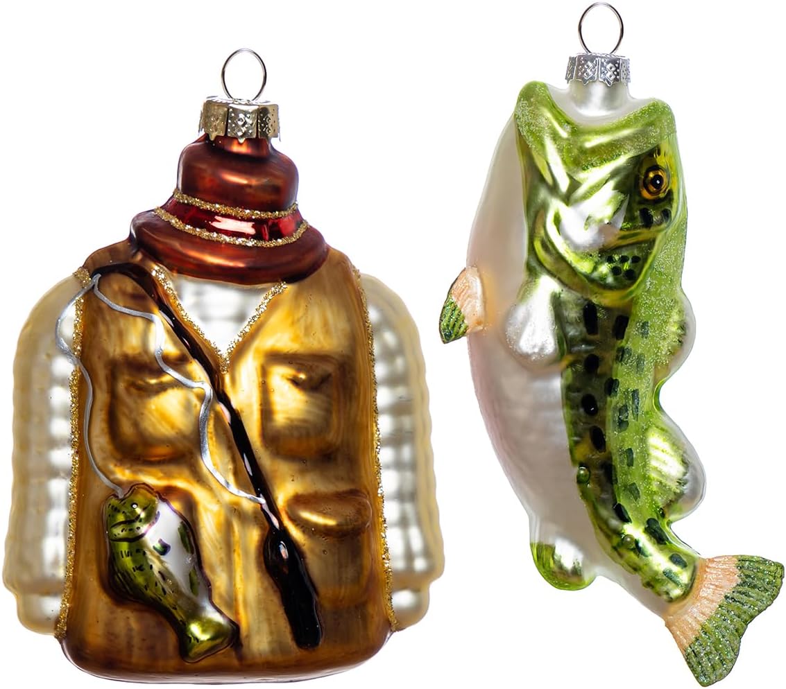2pcs Hand Blown Glass Fishing Ornaments for Christmas Tree
