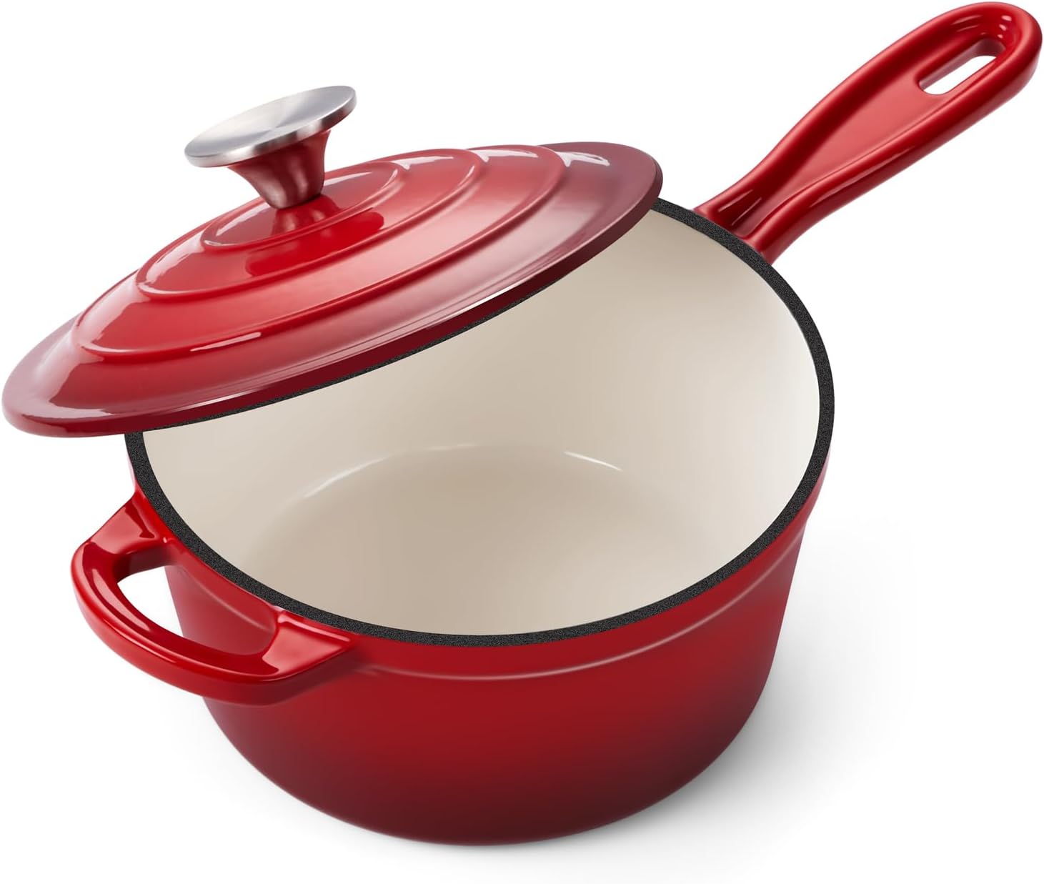 Onader 2QT Saucepan with Lid, Enameled Cast Iron Sauce Pan Pot, Small Dutch Oven Cooking Kitchen Pot, Nonstick & Heavy Duty – Red