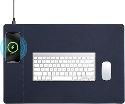 Magnetic Wireless Charging Desk Mat, 23.4x15.6 Large Office Mouse Pad, Microfiber Leather Mouse Mat with Ultra-Smooth Surface, Waterproof Computer Keyboard Desk Mat for Office & Home, Laptop, Blue