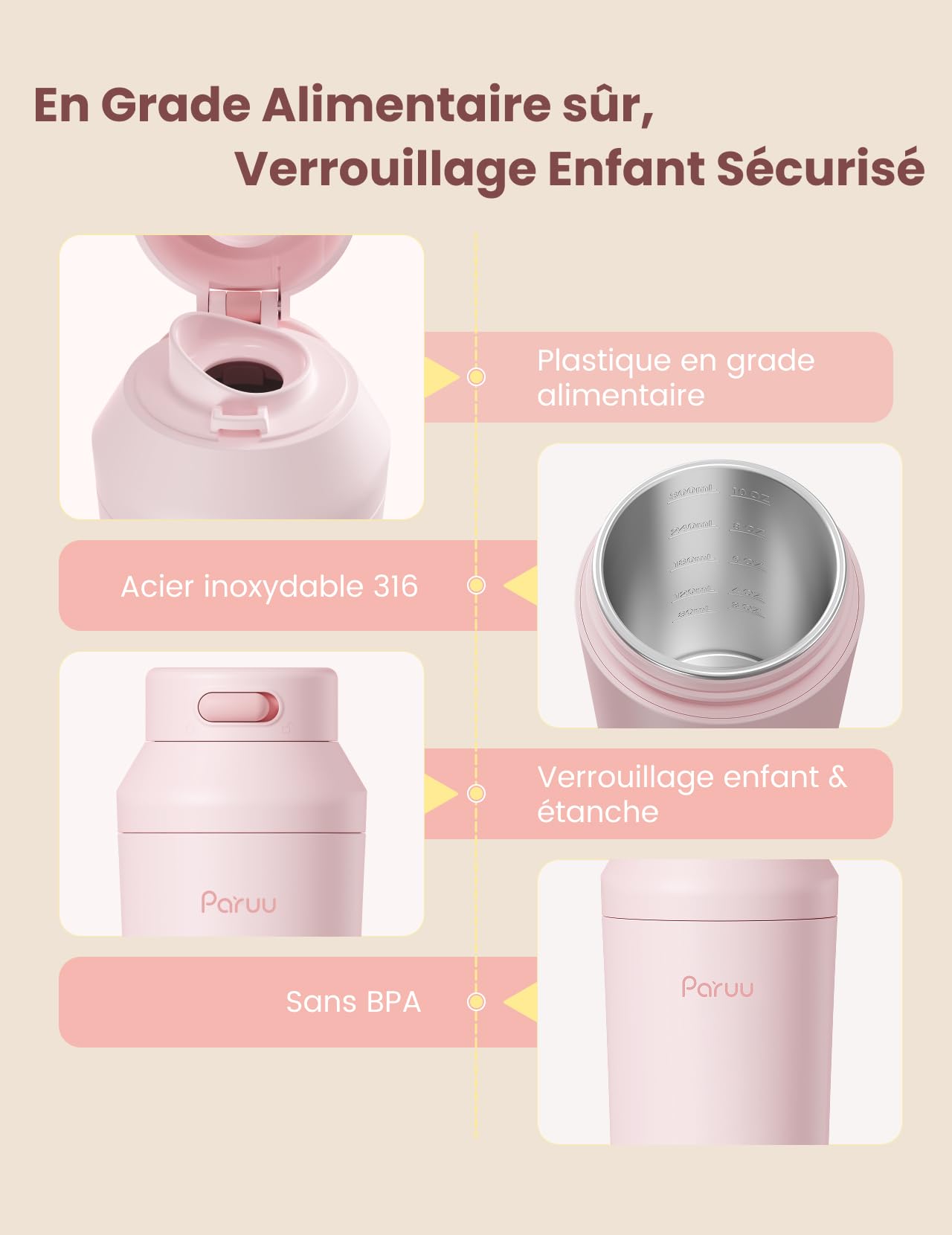 Paruu Chauffe Biberon Portable pour Nomade sans Fil, Chauffage Rapide en 2 minutes, Gros bec Facile à Nettoyer, 7 Niveaux de Température, Charge Rapide 30 W, Capacité 350 ml, Rose Clair