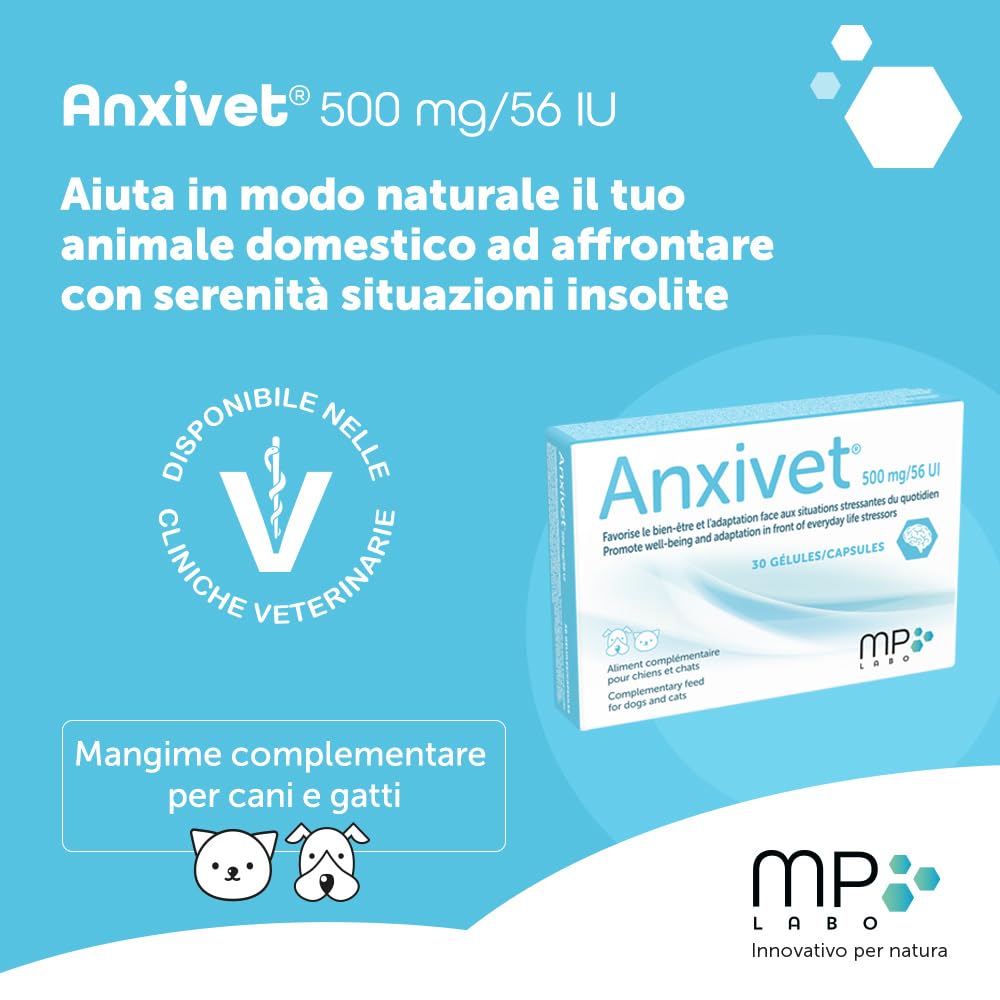 MP Labo Anxivet® - Favorisce Il Benessere e l'adattamento alle situazioni stressanti della Vita Quotidiana per Cani e Gatti (500 MG, 56 UI, 30 Capsule)