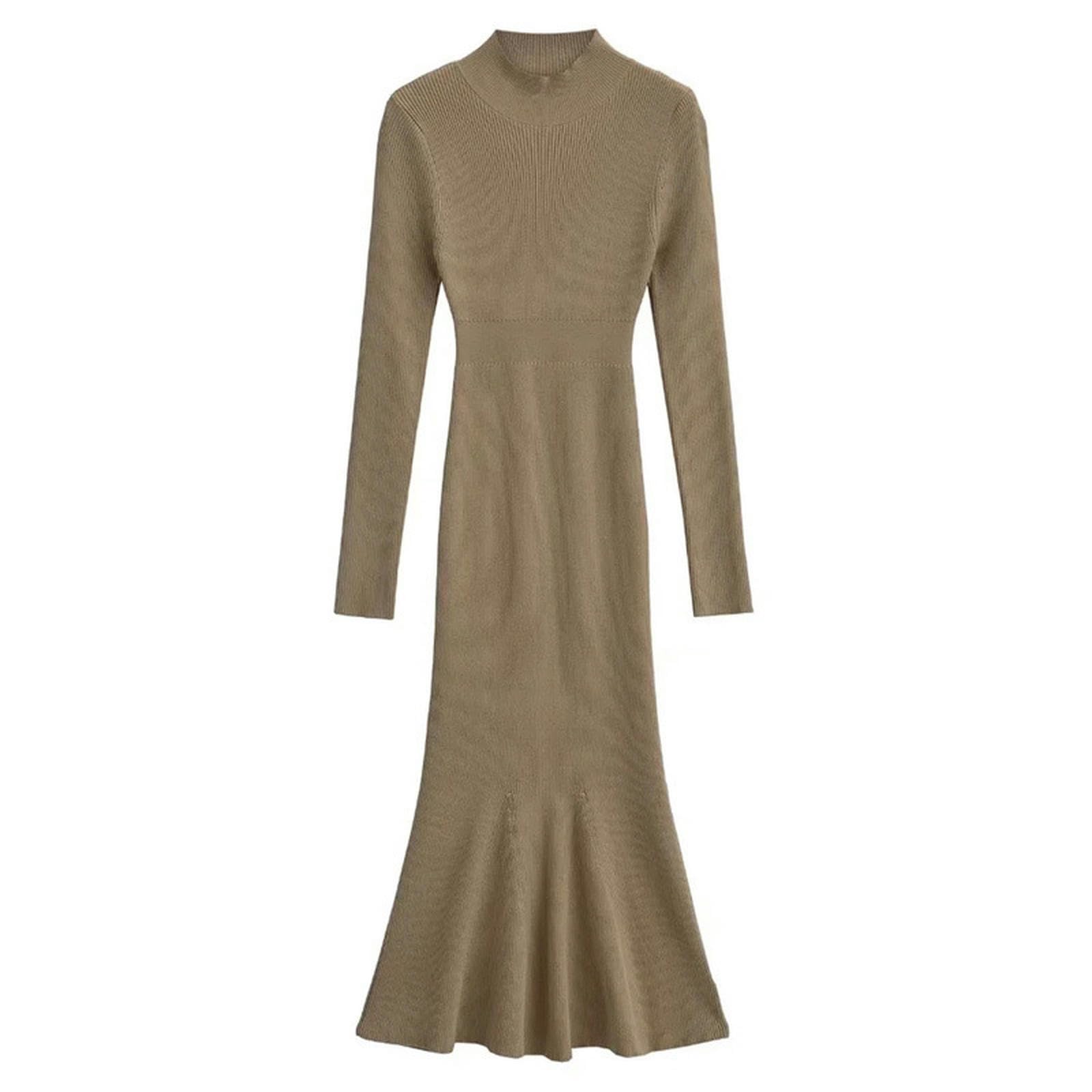 Robe tricotée mi-longue kaki S avec col mi-haut pour hiver