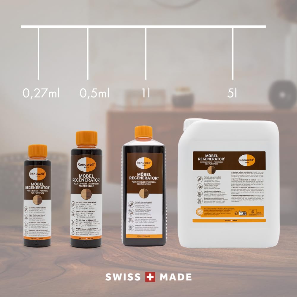 Renuwell Regenerador de muebles, 500 ml, cuidado intensivo y regeneración para muebles y superficies de madera, elimina manchas de agua, arañazos y calor, anillos de calidad suiza