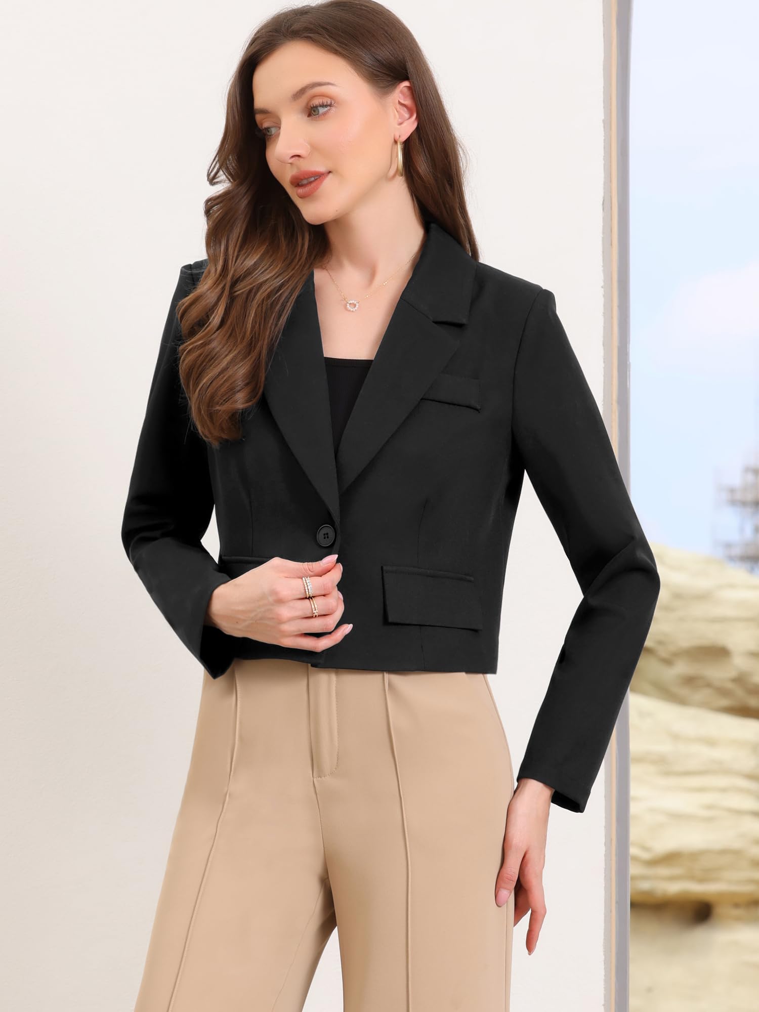 Allegra K Blazer Court pour Femme Col à Revers Veste de Costume à Manches Longues pour Travail Et Bureau