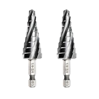 Step Drill Bits M35-2PCS 1/4"-3/4" Four Spiral Flute Cobalt Step Drill Bit 1/4" Quick Change Shank/Hex Shank High Speed Steel Drill Cone Bits for Metal Aluminum Stainless Steel Wood Plastic