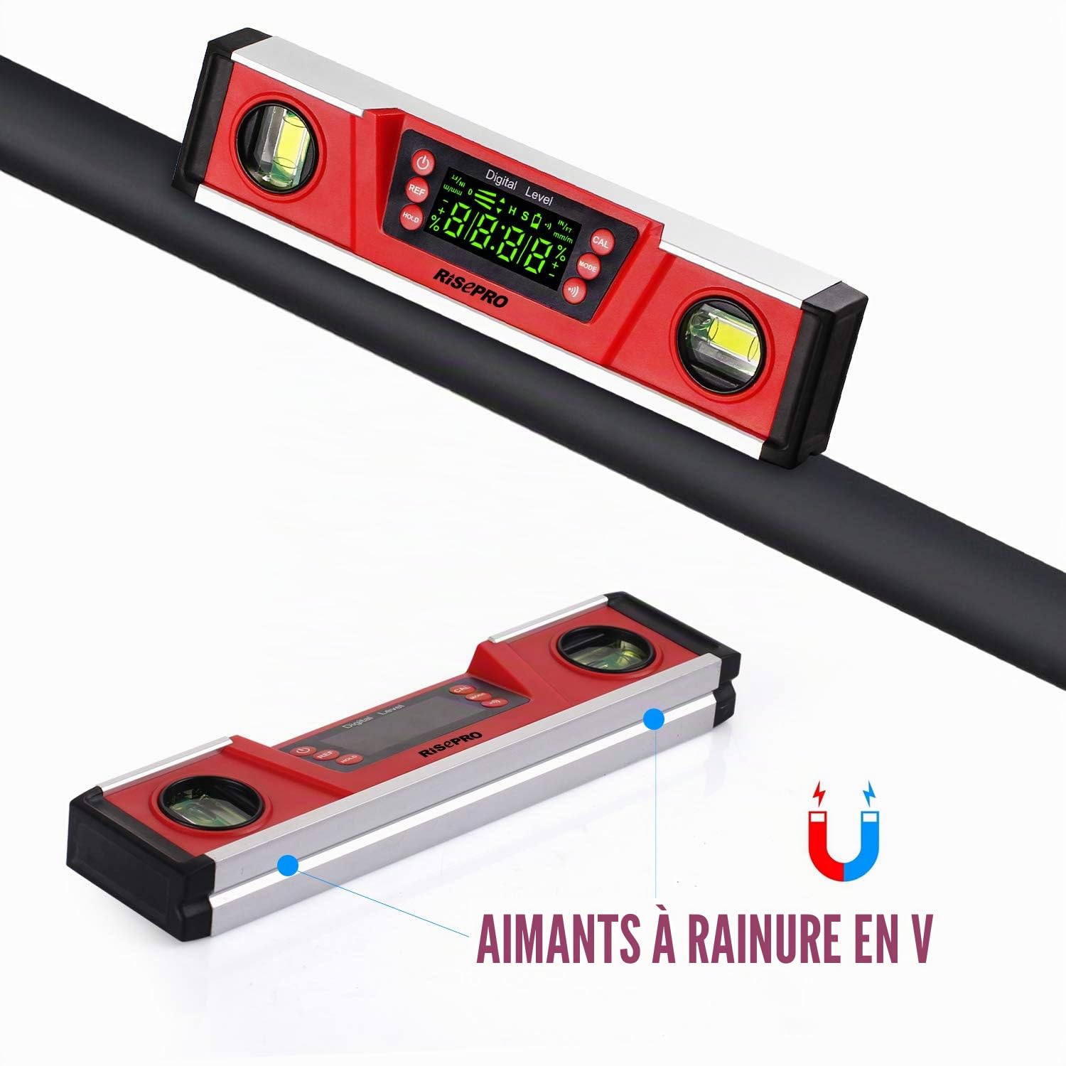 Niveau magnétique numérique et rapporteur - RISEPRO 10 pouces inclinomètre à bulle électronique protégé IP54, détecteur d'angle, jauge avec grand écran VA et base à rainure en V DL135N