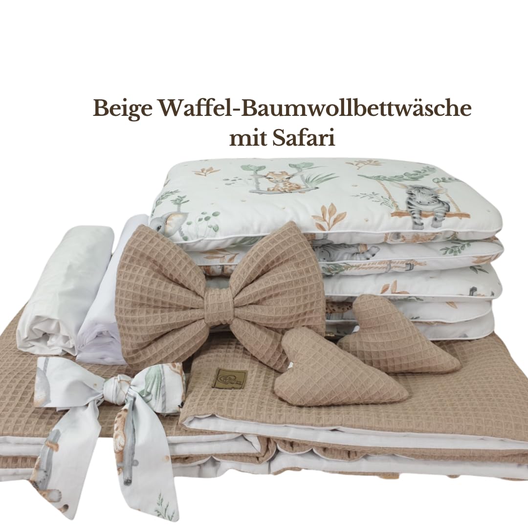 WIKLINOPOL Stubenwagen Lena aus Weide – Babywiege mit Rollen, Matratze, Baldachin & Bettwäsche aus Waffelstoff mit Safari Tiere, handgefertigt, Natur Moseskorb