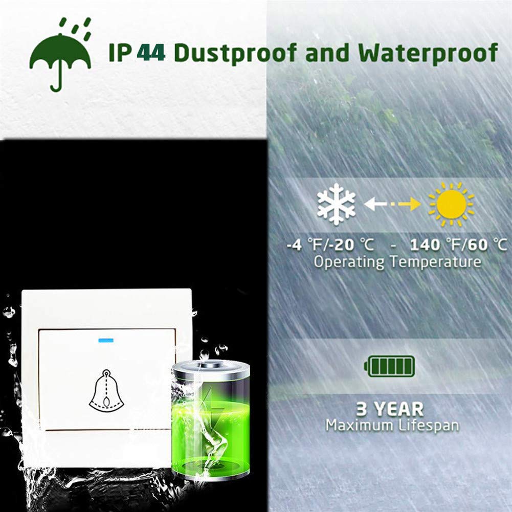 Timbre Inalámbrico con 3 Receptores, Kit De Timbre De Puerta Impermeable IP44 A 300 M De Alcance, 36 Tonos De Llamada, 4 Niveles De Volumen, Indicador LED,Blanco