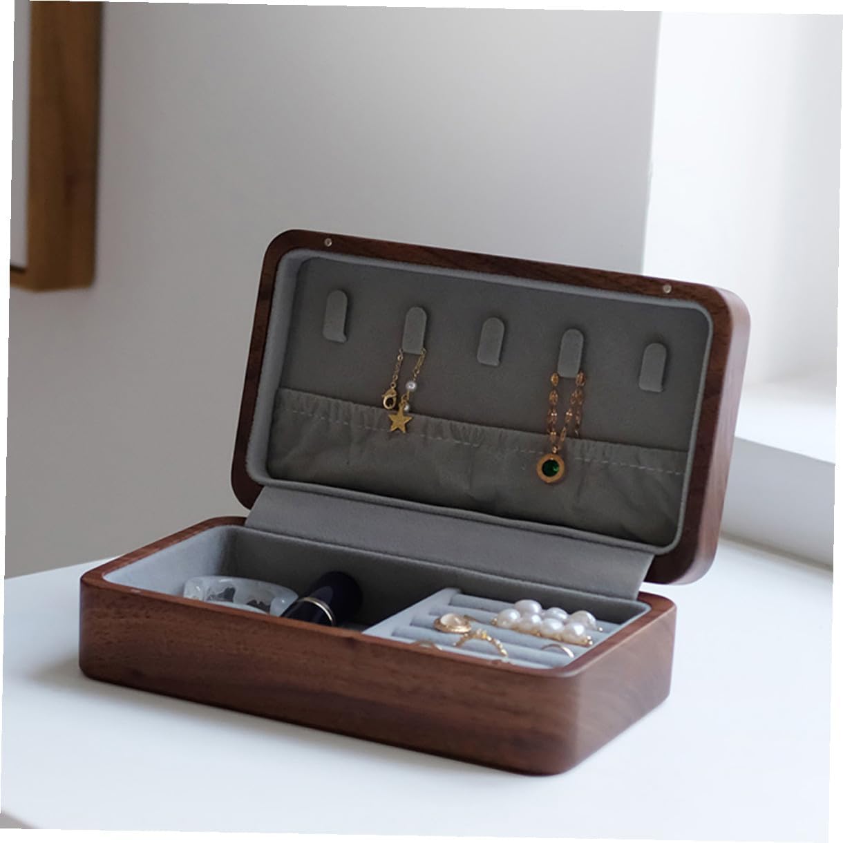 Walnut Jewelry Storage Case Retro Portable Travel Box for Rings Bracelets image 4
