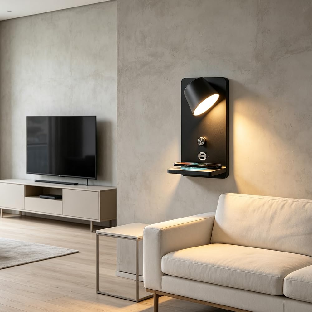 Aplique Giratorio con Regulador de Intensidad y Puerto de Carga USB Lámpara de Pared con Luz Cálida de 3000K Estación de Carga Inalámbrica Lámpara de Lectura de pared LED Iluminación,Negro