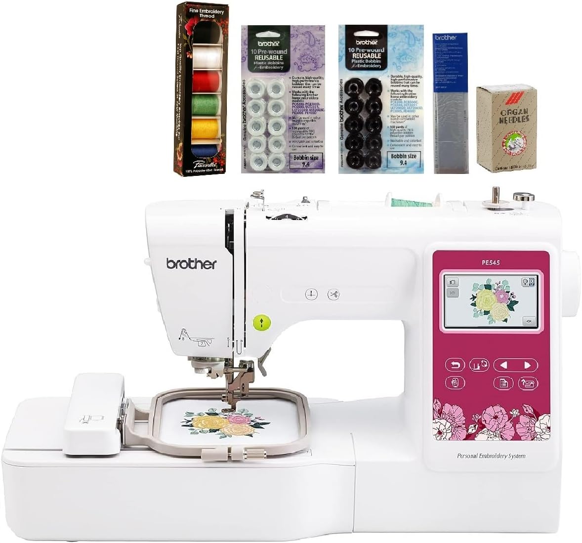 Brother PE545 Embroidery Machine, 6-Piece Thread Set, 20 Bobbins, 100-Piece 75/11 Embroidery Needles, Stabilizer Roll