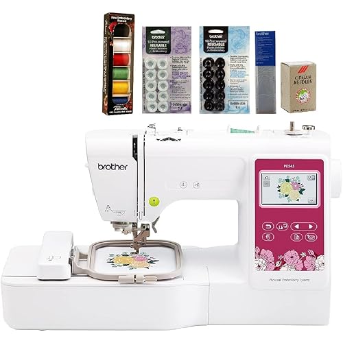 Brother PE545 Embroidery Machine, 6-Piece Thread Set, 20 Bobbins, 100-Piece 75/11 Embroidery Needles, Stabilizer Roll