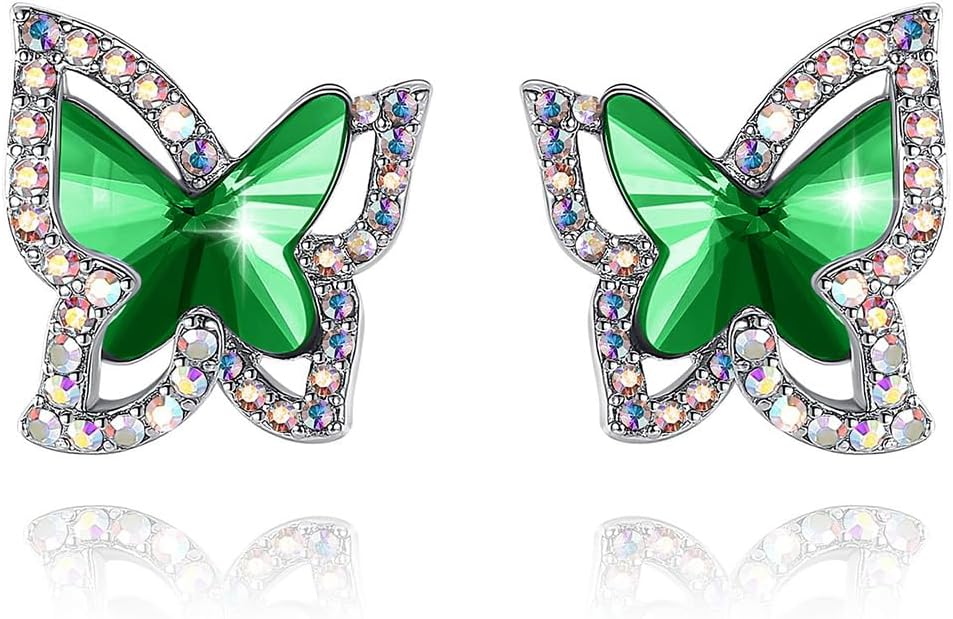 Valentine's Day Gift For Women Butterfly Crystal Stud Earrings with Premium Birthstone, Silver-Tone