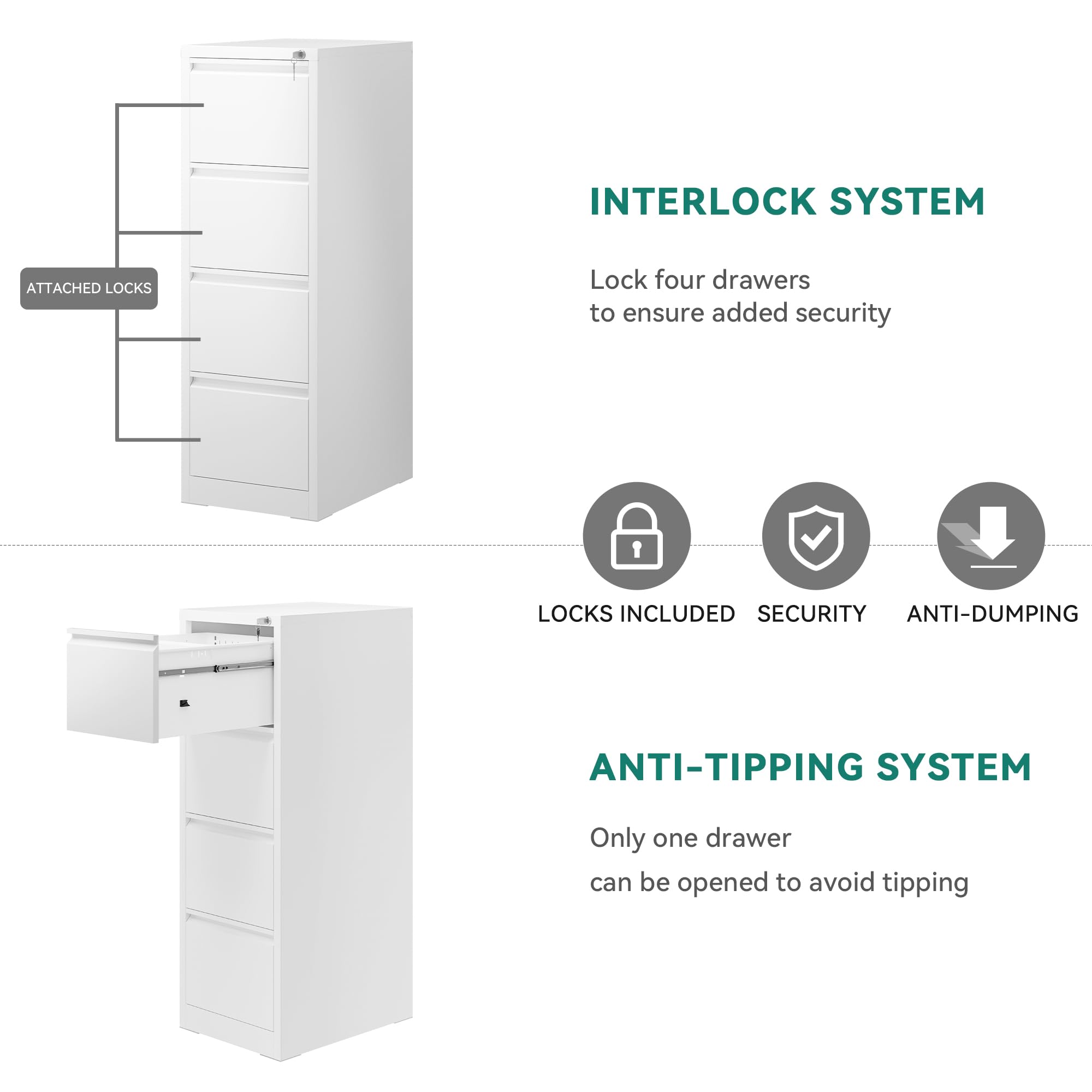 YITAHOME Aktenschrank mit 4 Abschließbaren Schubladen, Kippsicherer Rollender Aktenschrank mit Rädern für das Büro zu Hause, Unter-Pult-Aktenschränke, weiß, 62 x 45.8 x 133cm