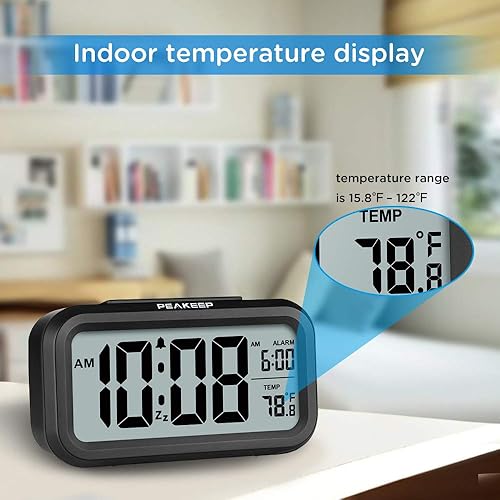 Miniatura 10 de Peakeep Reloj despertador digital con luz nocturna con temperatura interior, funciona con pilas, reloj pequeño de escritorio (rosa salmón claro)
