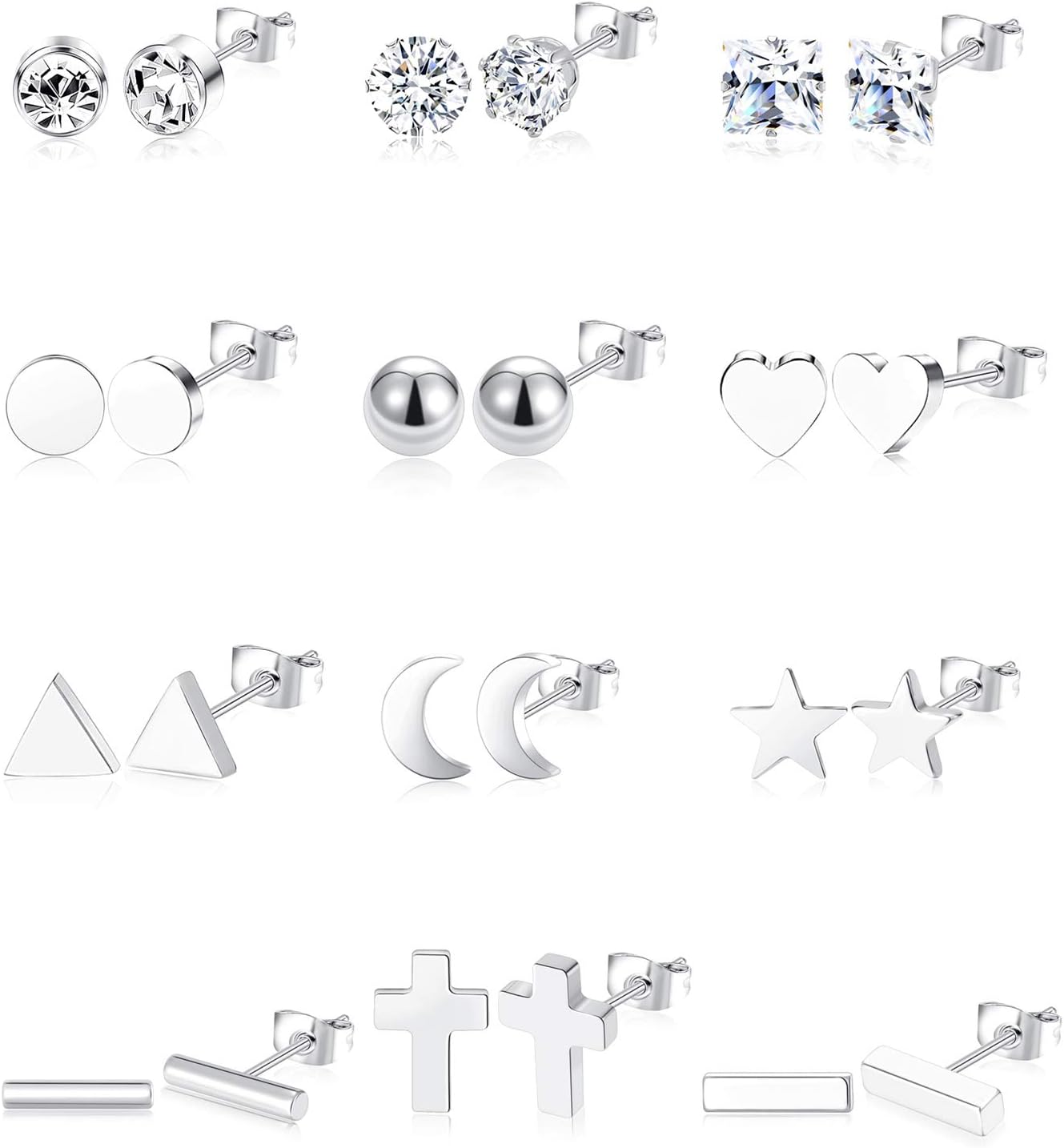 12 Pairs Stainless Steel Earrings Stud Geometric Earrings Set Star Moon Ball Triangle Heart Clear CZ Stud for Womens Silver Rose Gold Tone