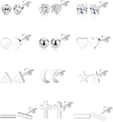 12 Pairs Stainless Steel Earrings Stud Geometric Earrings Set Star Moon Ball Triangle Heart Clear CZ Stud for Womens Silver Rose Gold Tone