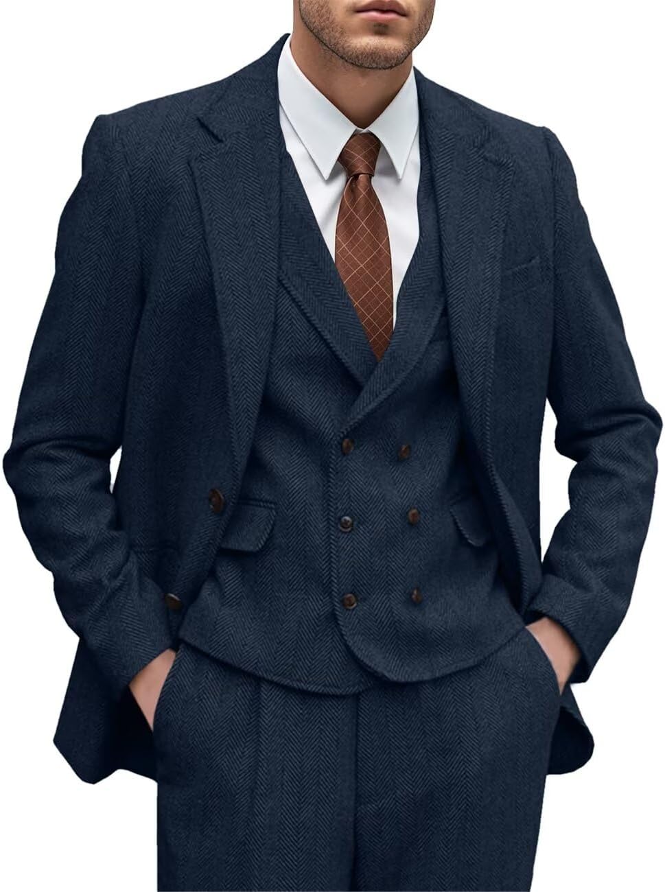 Mens Tweed Suit 3 Piece Slim Fit Herringbone Wedding Groomsmen Tuxedos Retro Jacket Double Breasted Vest Pants Set