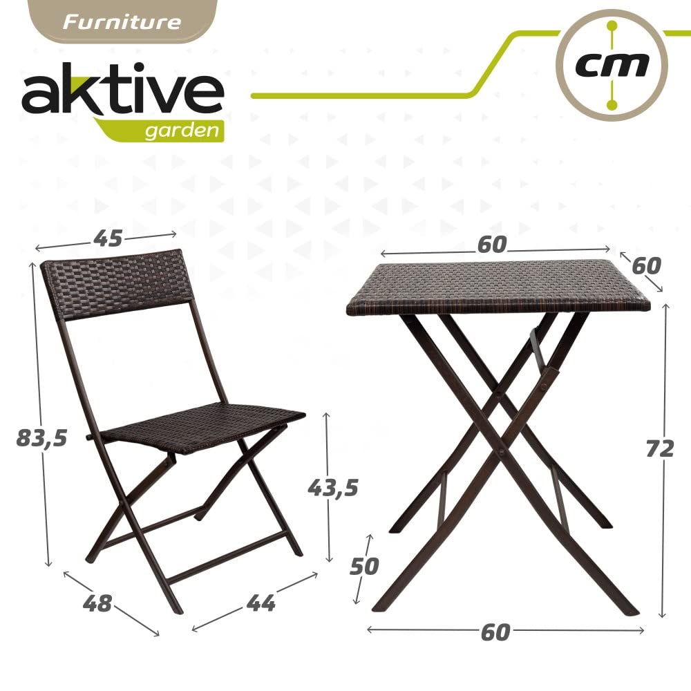 Aktive 61121 - Set tavolo e sedie da giardino per 2 persone | Include tavolo 60x60x72 e due sedie 47x83,5 | Tavolo e sedie da terrazza piccoli, leggeri e comodi | Uso interno ed esterno
