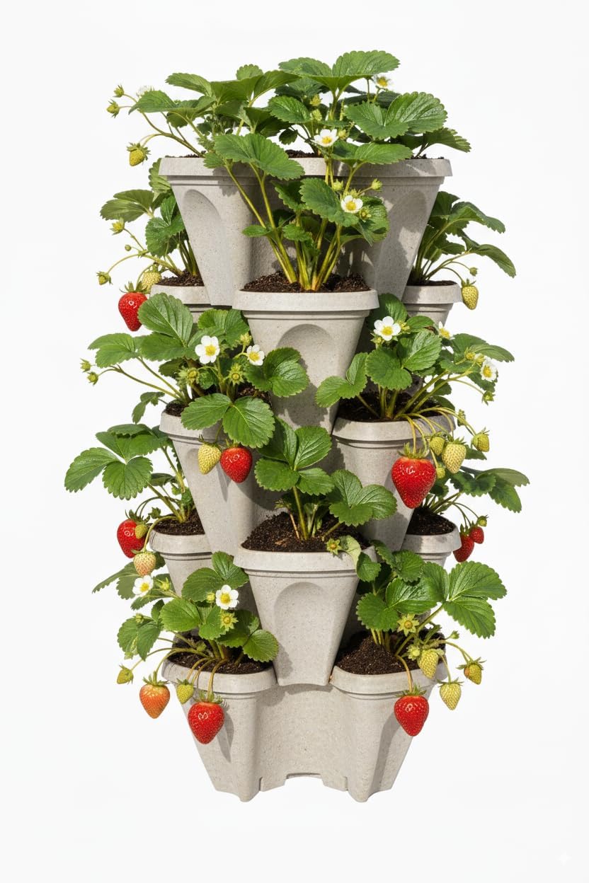 5-Tier Stackable Strawberry Garden – 24 Quart Indoor / Outdoor Stacking Planter with Drip Saucer – Grow Herbs, Strawberries, and Flowers from The Kitchen or Backyard – Plant and Stack! Easy Gardening