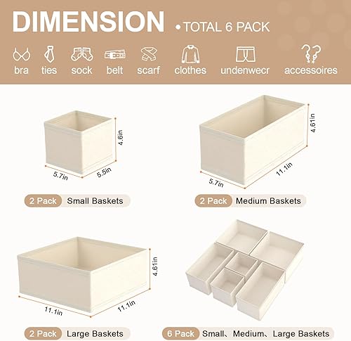 Miniatura 2 de Organizador de cajones, paquete de 6, organizadores de aparador para ropa interior de bebé, calcetín beige