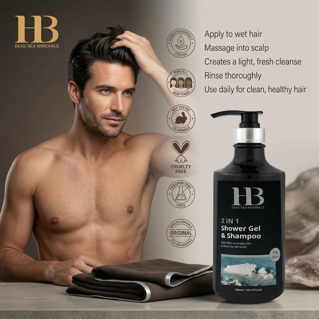 H&B 2-in-1 Duschgel und Shampoo für Männer – Mit Mineralien aus dem Toten Meer, Aloe Vera und natürlichen Ölen – Reinigung von Haar und Körper – Tägliche Anwendung – 780 ml